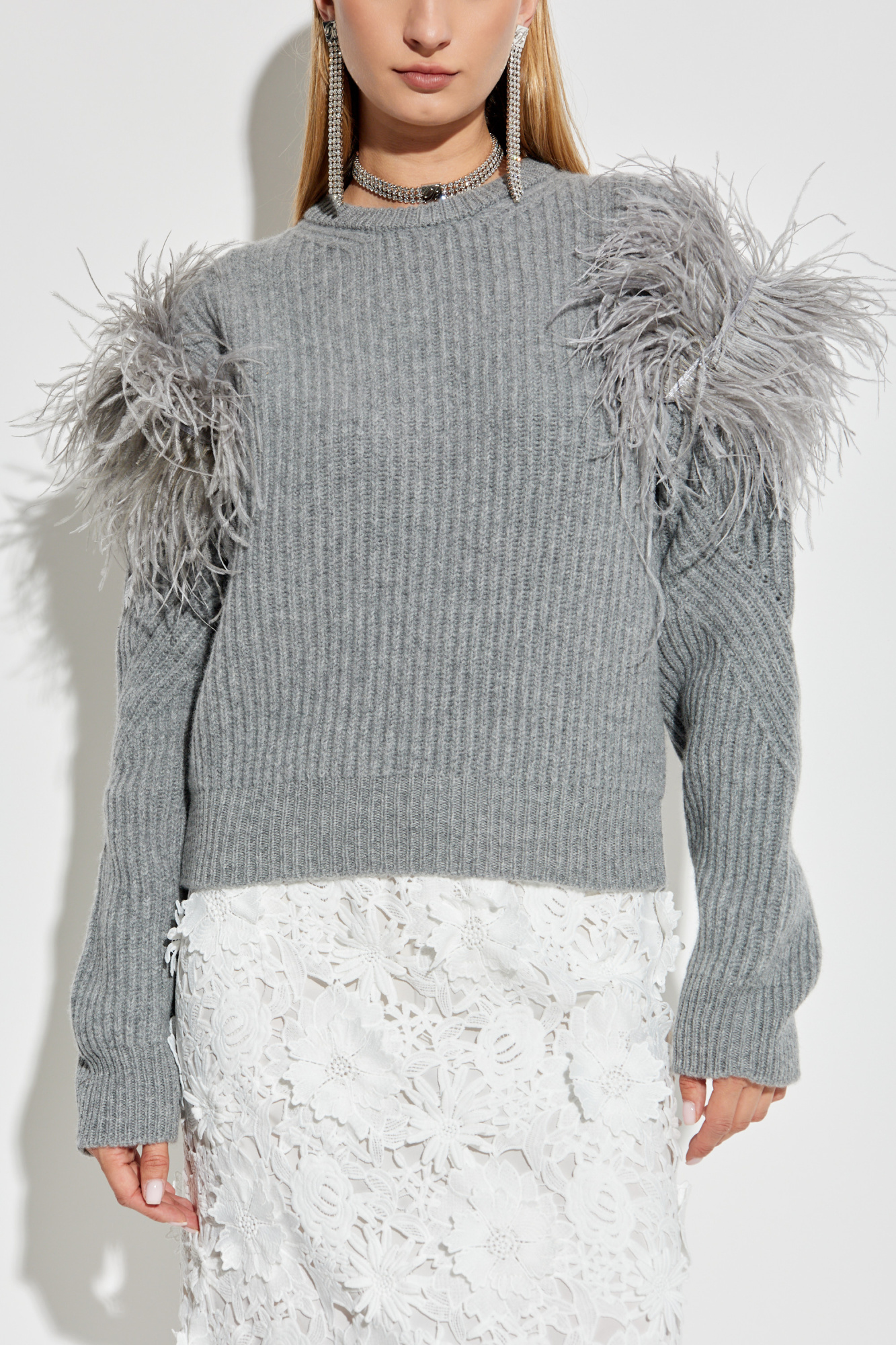 BLUMARINE 売れ筋商品|||ブルマリン ニット&セーター アウター レディース Sweaters Grey Grey Sweater with ostrich feathers Blumarine - Vitkac AS